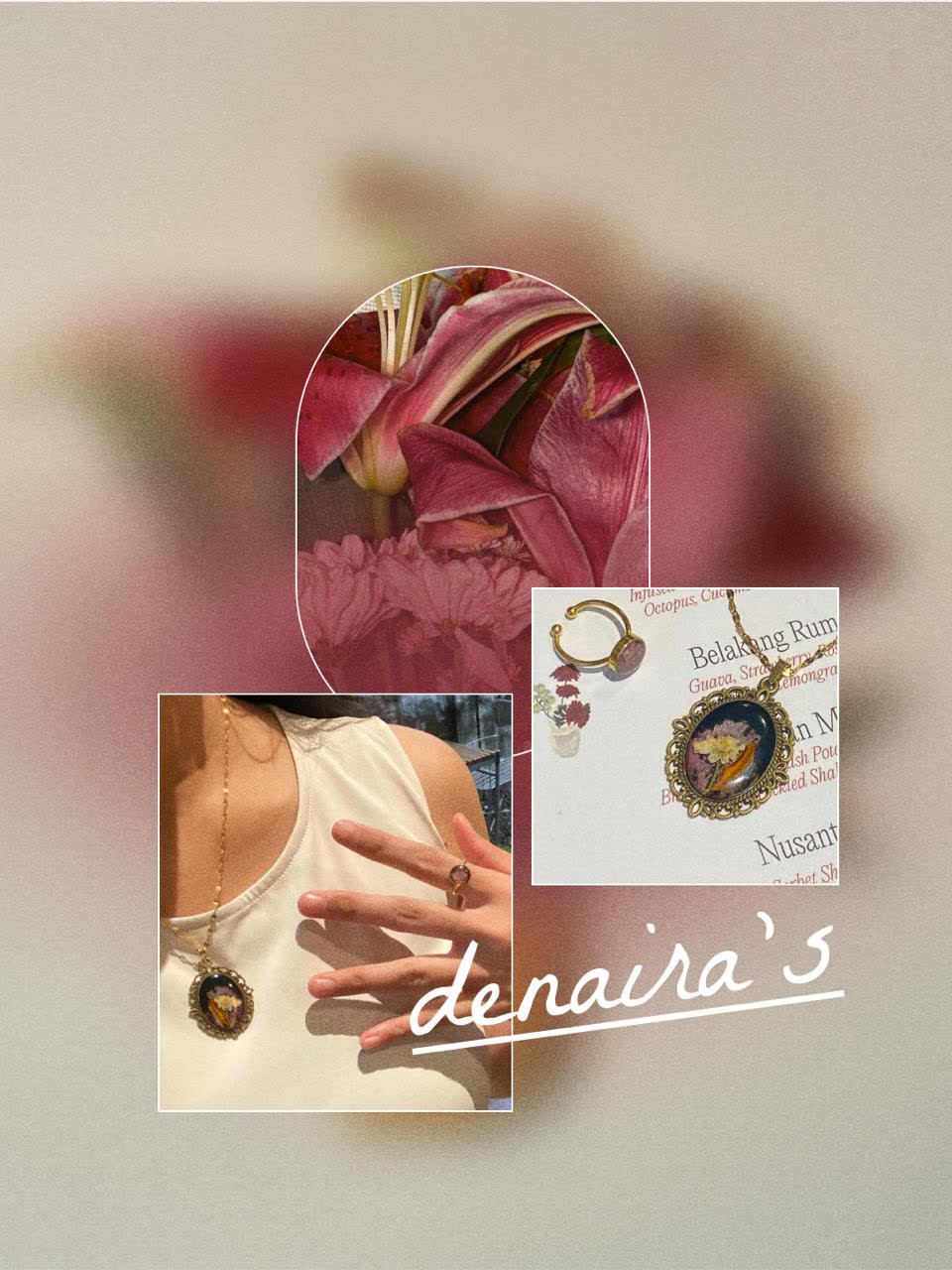 Contoh karya Denaira: liontin oval bunga dan cincin