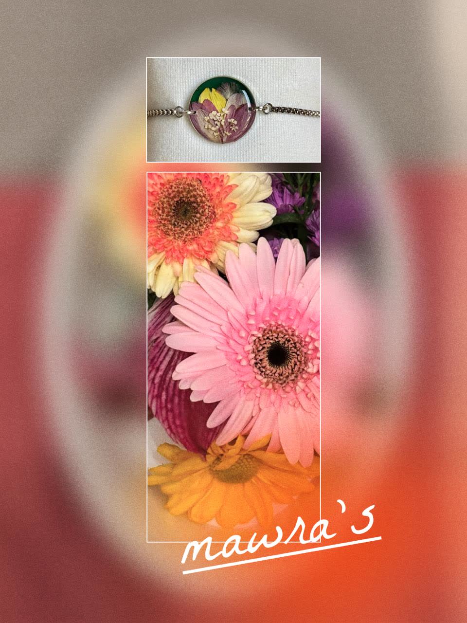 Contoh karya Maura: buket gerbera dan gelang berbandul bunga